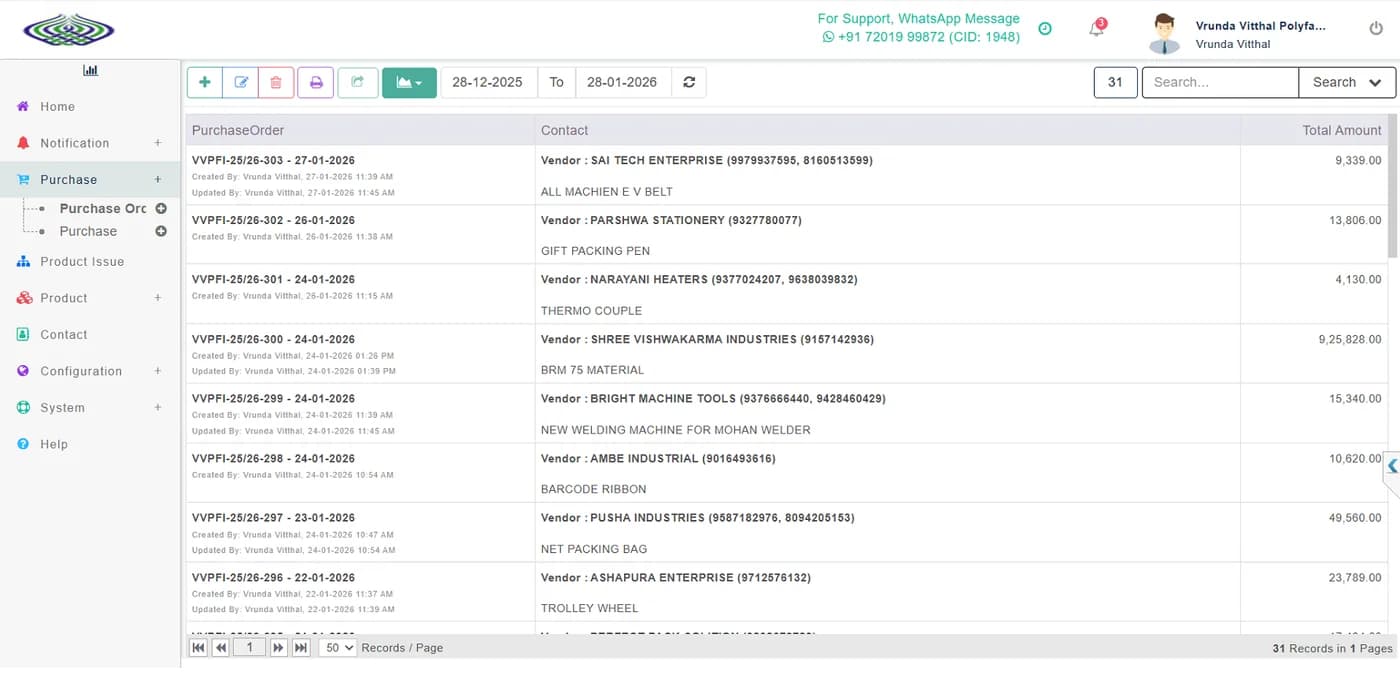 Vendor Purchase Order Register