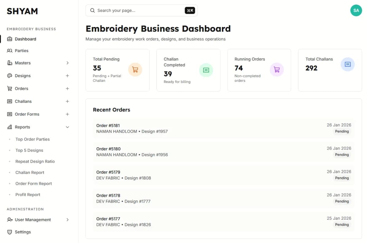 Embroidery Business Management Dashboard
